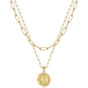 14K Gold Layering Letter Pendant Paperclip Link Chain Necklace-Round