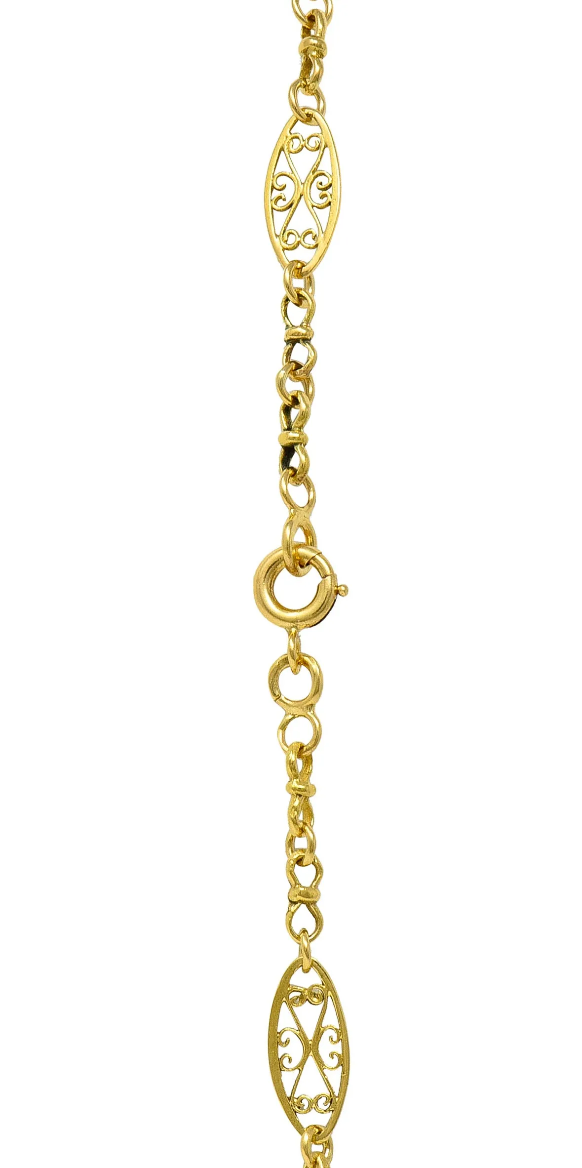 18 Karat Yellow Gold French Victorian Whiplash Heart Navette Link 56 IN Long Antique Chain Necklace