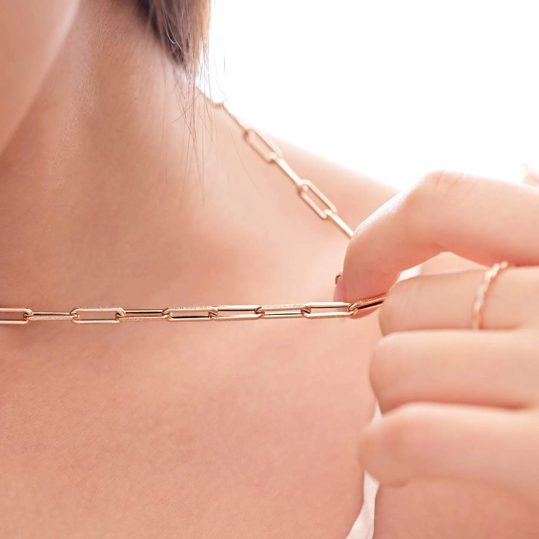 18k Gold Matte Paper Clip Chain Necklace (White/Rose/Yellow Gold)