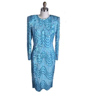 1980s Vintage Evening Glam Dress Turquoise Sequins Twilight Connection Womens M