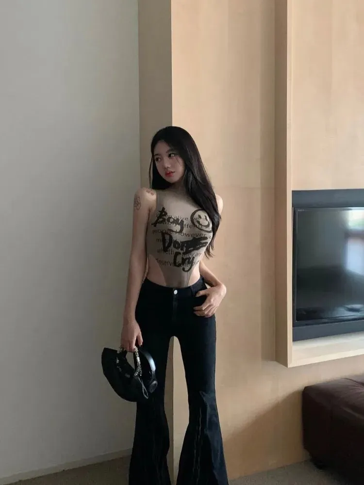 2000s Gothic Print Summer Sleeveless Halter Bodysuits