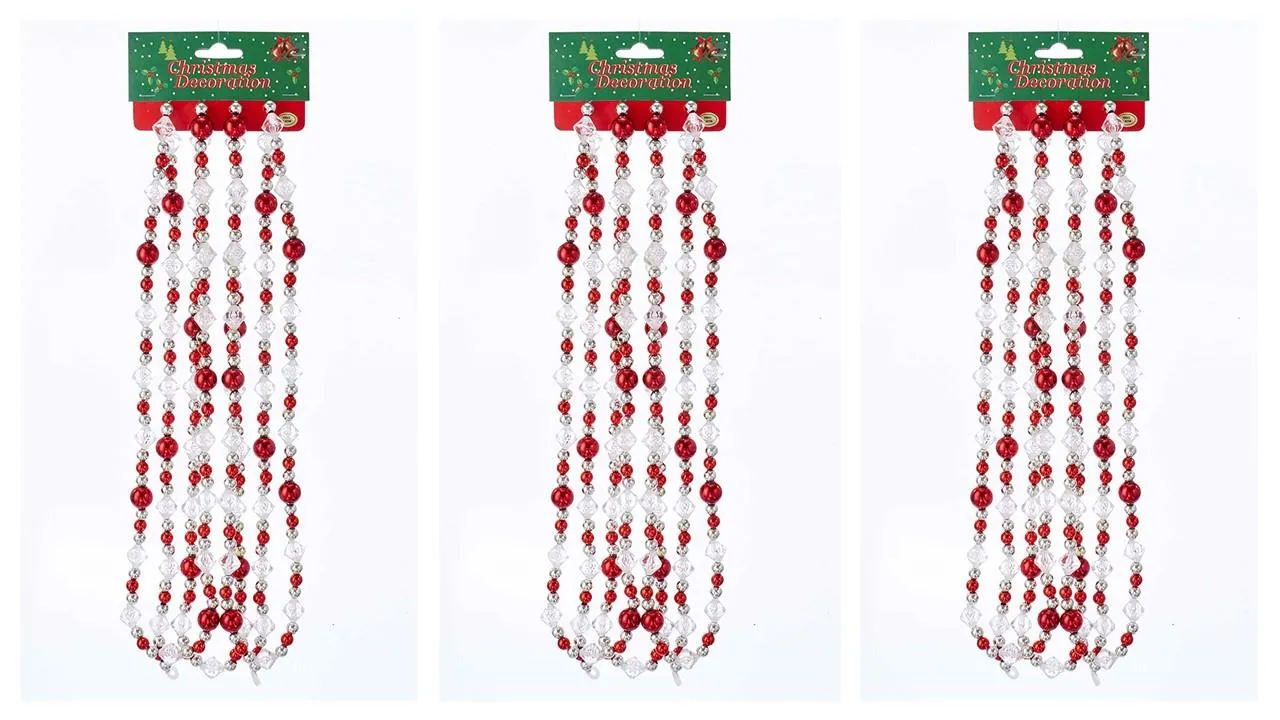 9' Red Clear Silver Round Bead Christmas Garland Decor Set of 3