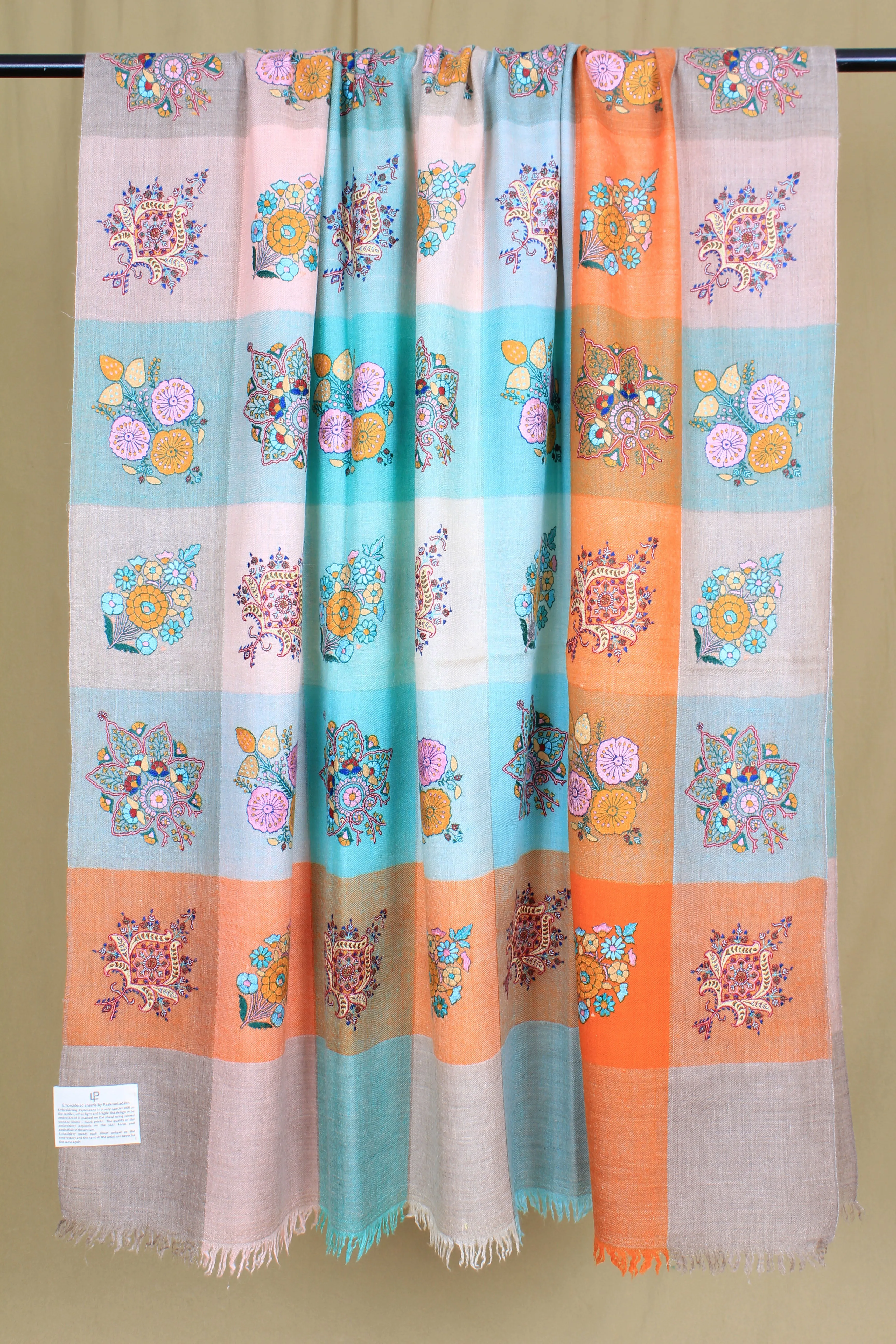 Amber Colour Block Sozni Embroidered Pashmina Shawl