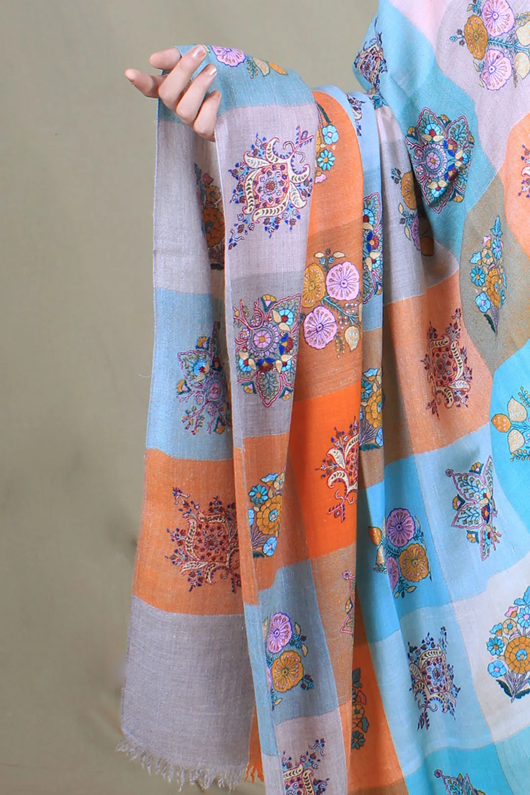Amber Colour Block Sozni Embroidered Pashmina Shawl