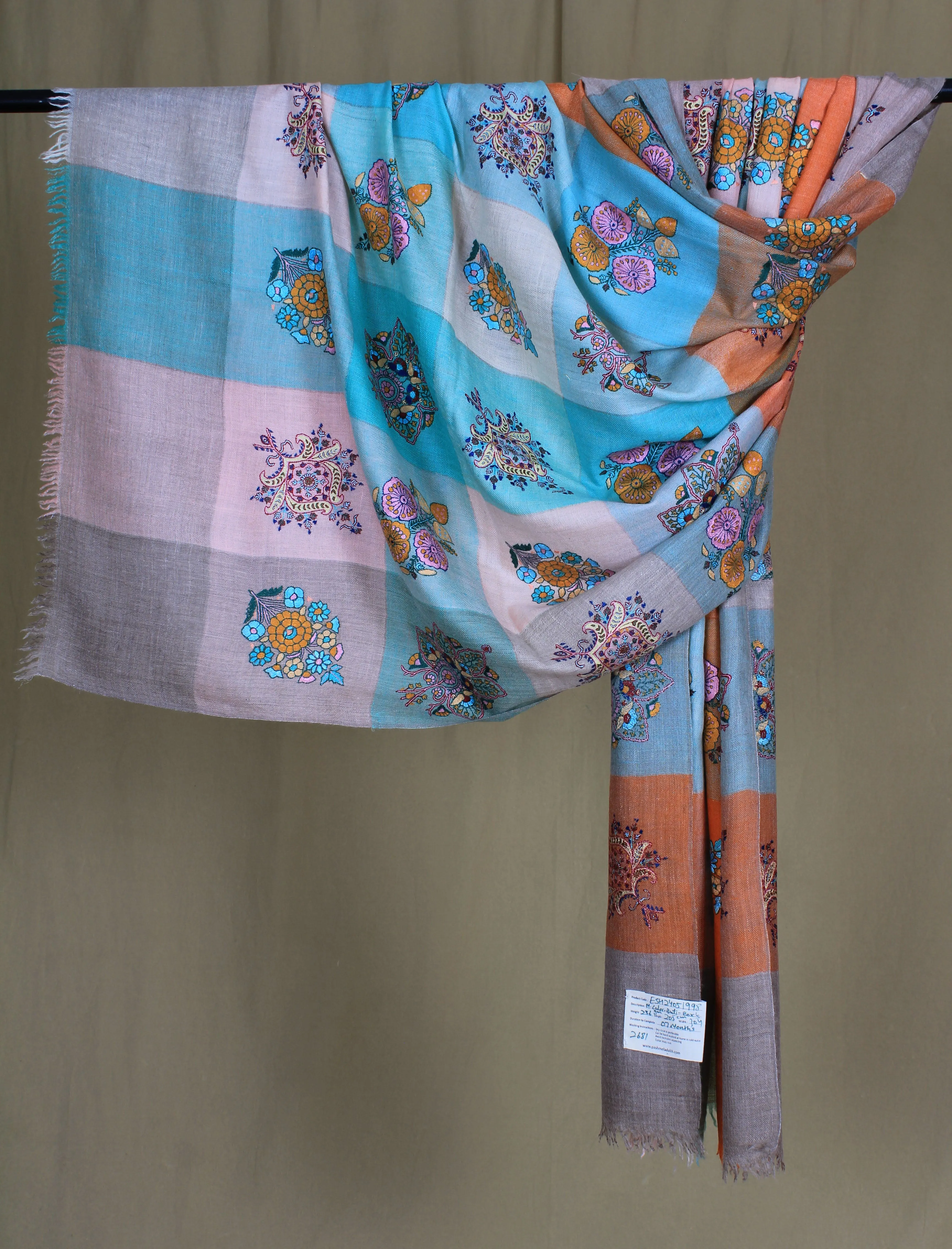 Amber Colour Block Sozni Embroidered Pashmina Shawl