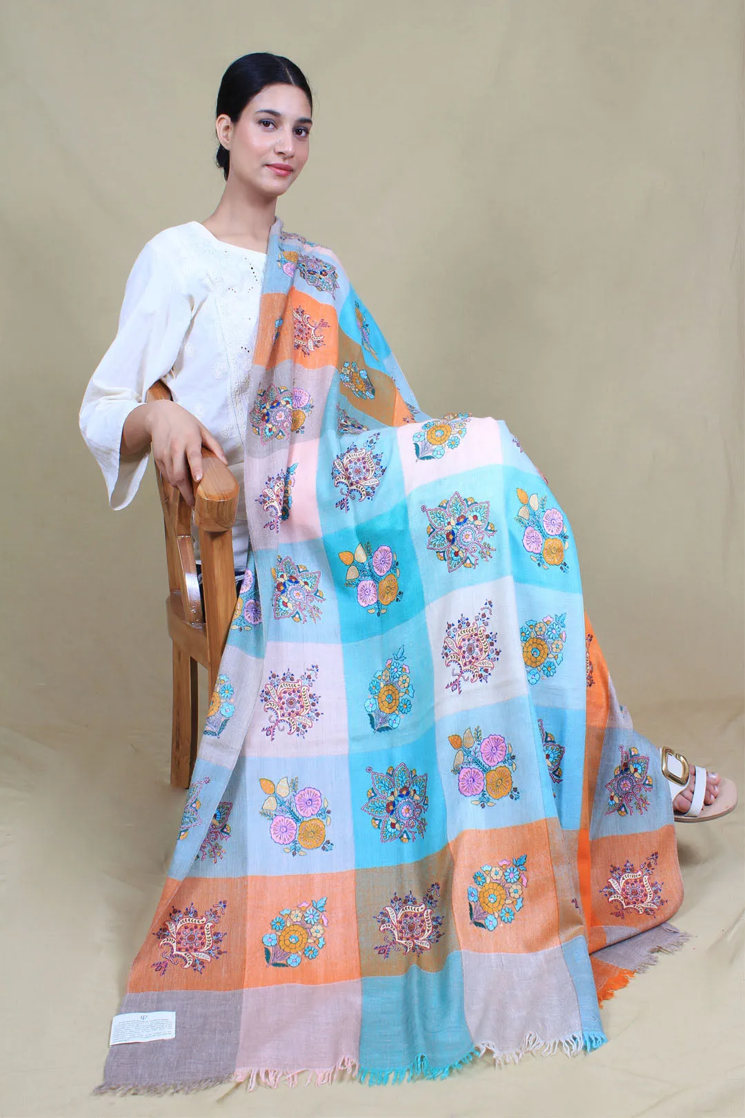 Amber Colour Block Sozni Embroidered Pashmina Shawl