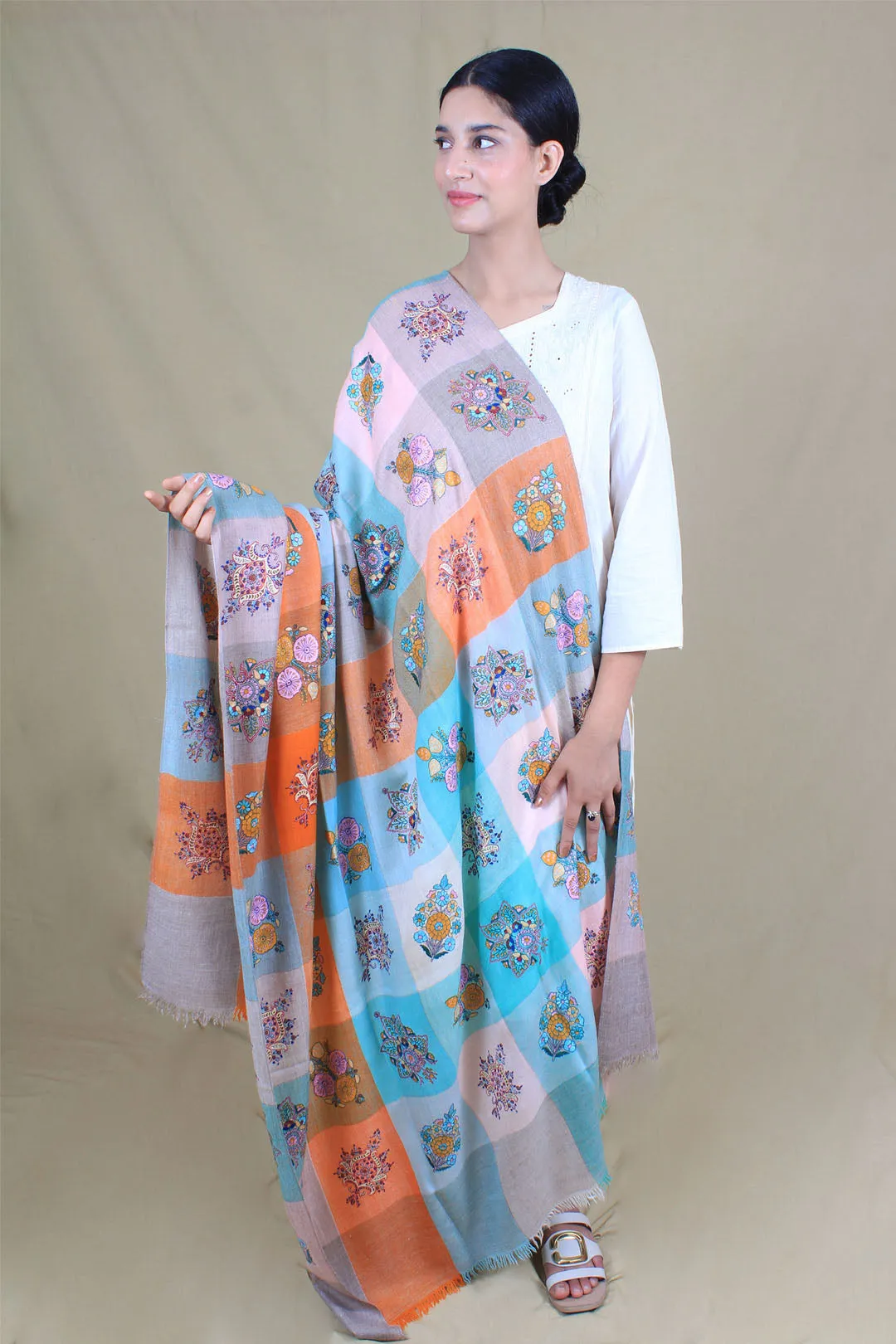 Amber Colour Block Sozni Embroidered Pashmina Shawl