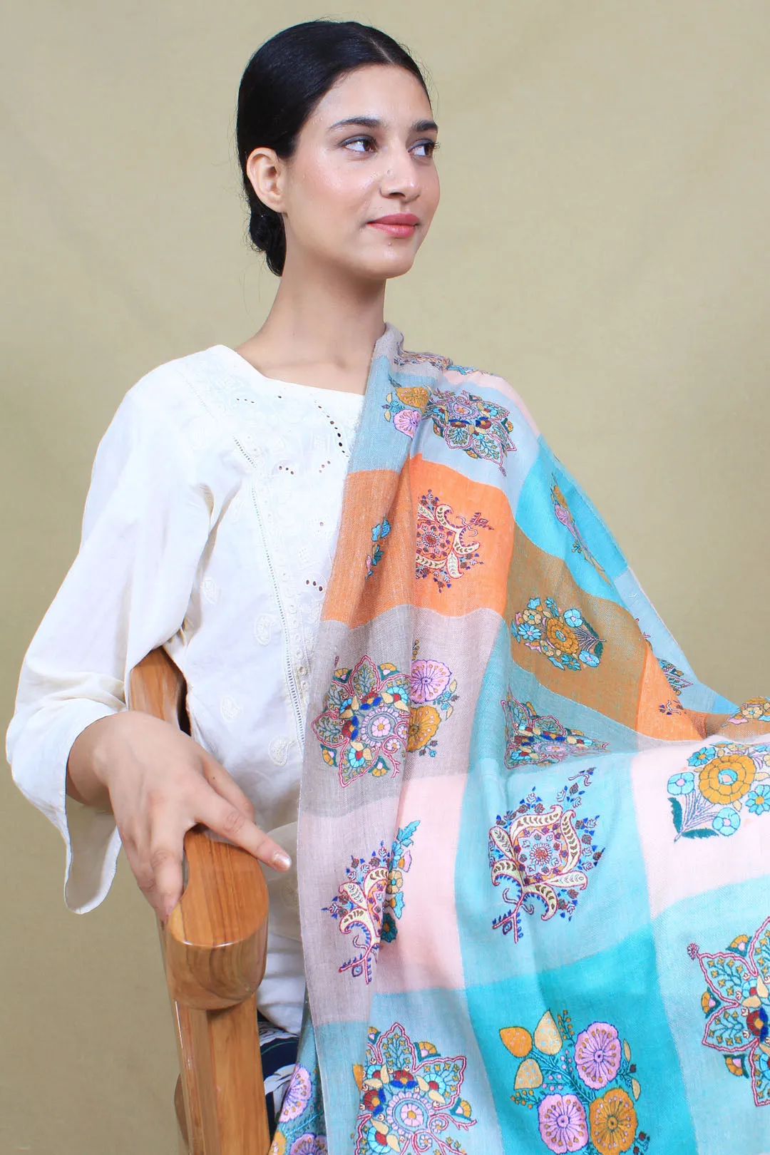 Amber Colour Block Sozni Embroidered Pashmina Shawl