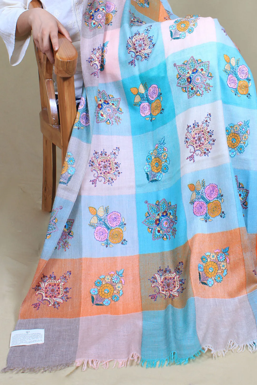 Amber Colour Block Sozni Embroidered Pashmina Shawl
