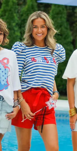 America Striped Puff Sleeve Top