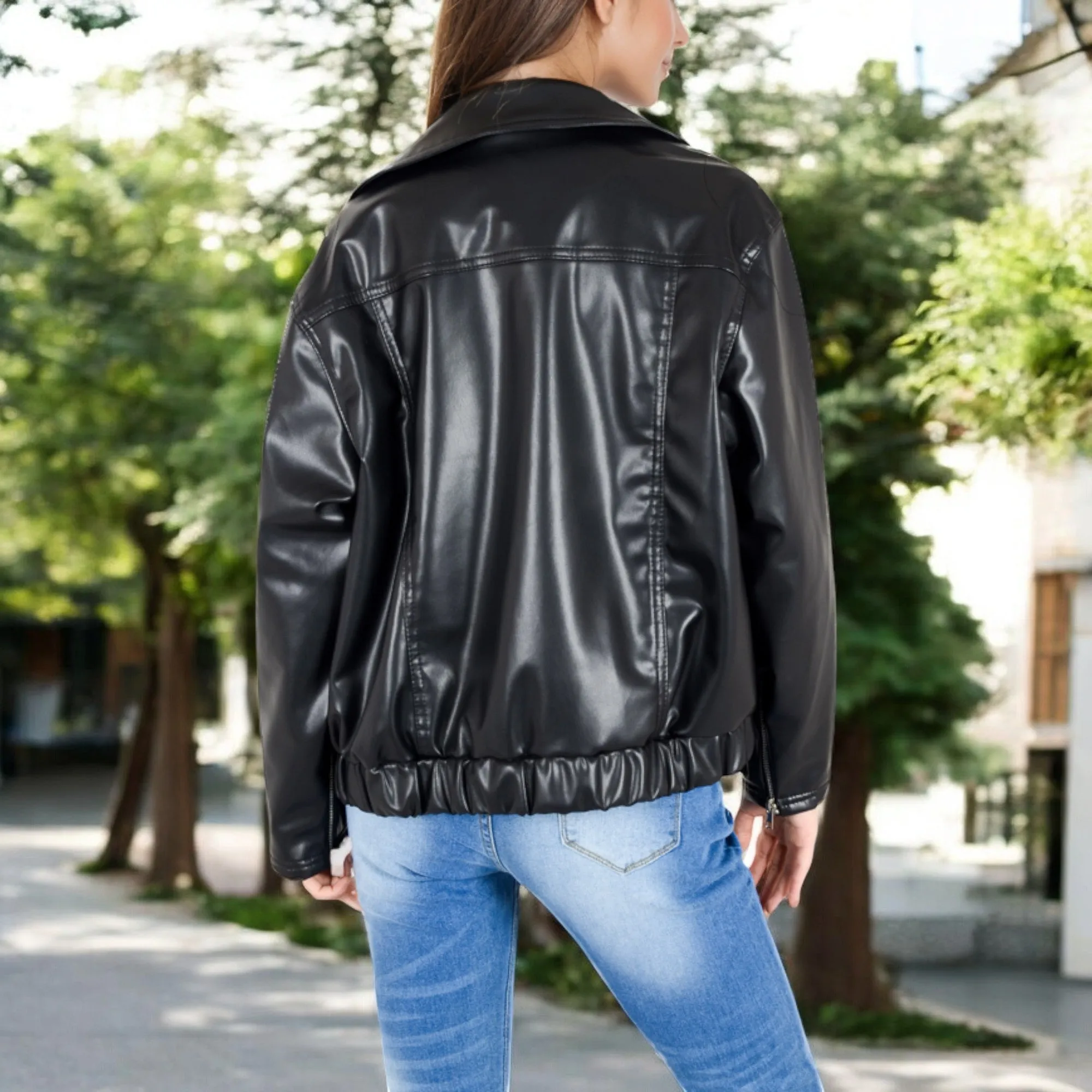 Anna-Kaci Women's Faux Leather Jacket with Bow Appliqu¨¦s and Zipper Front Closure