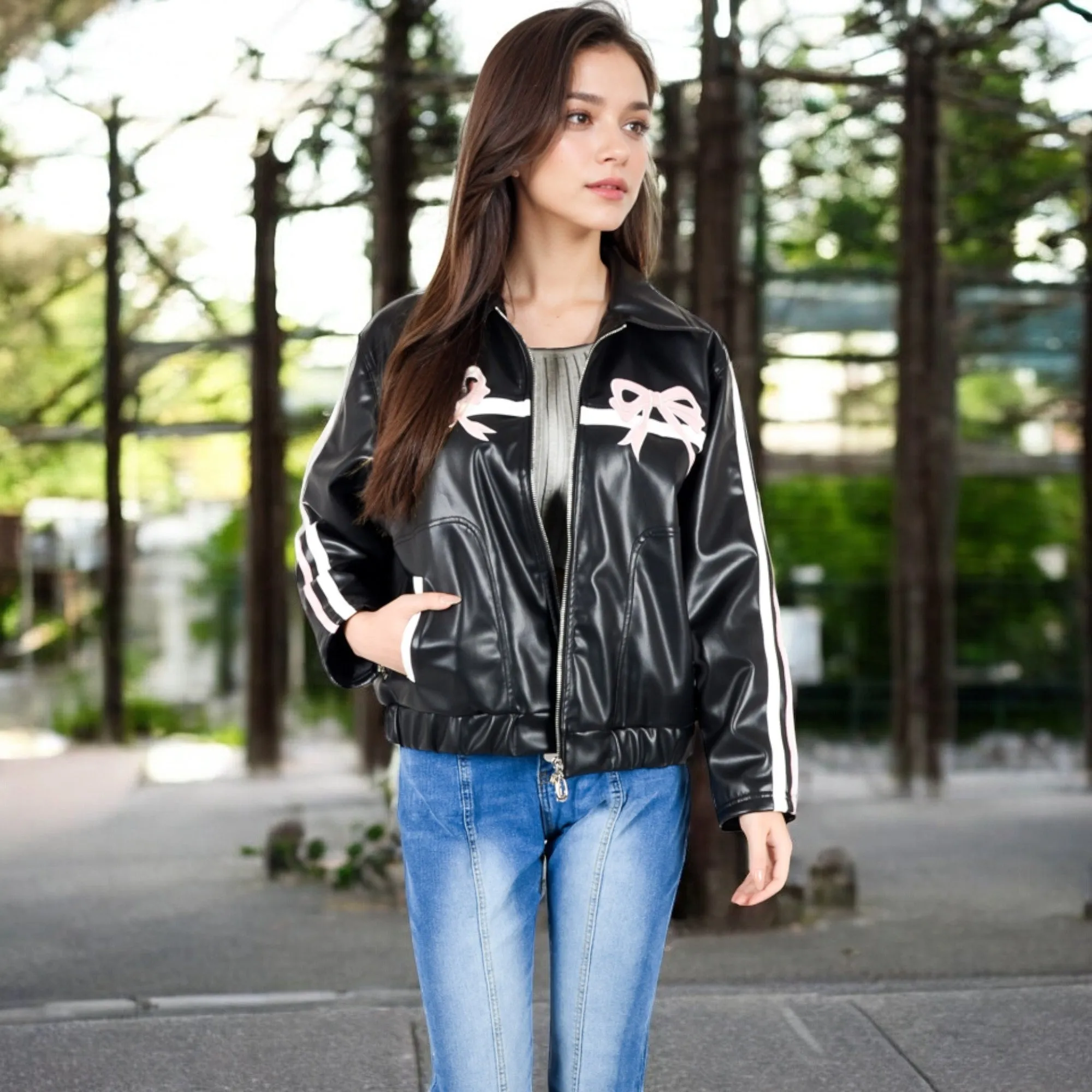 Anna-Kaci Women's Faux Leather Jacket with Bow Appliqu¨¦s and Zipper Front Closure