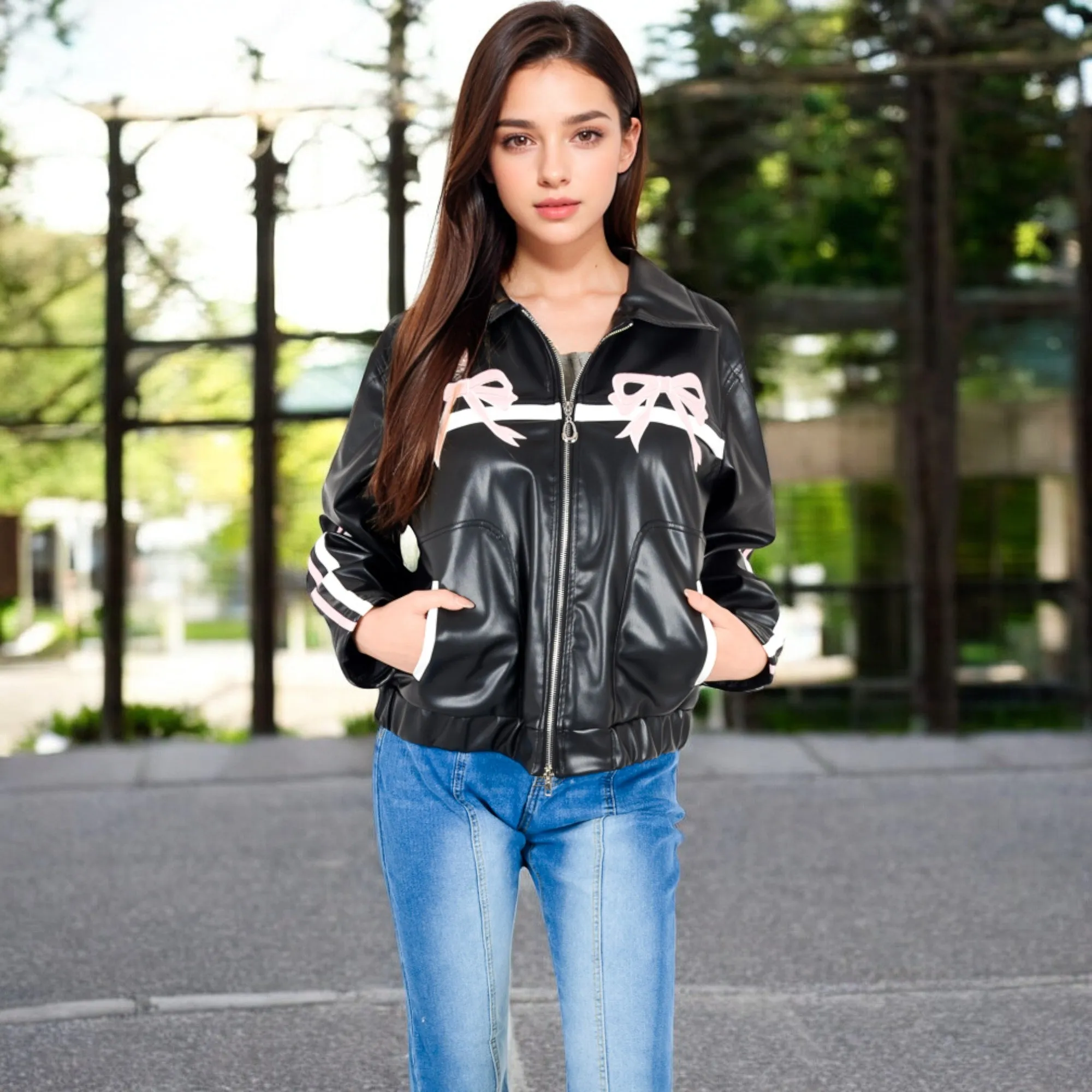Anna-Kaci Women's Faux Leather Jacket with Bow Appliqu¨¦s and Zipper Front Closure
