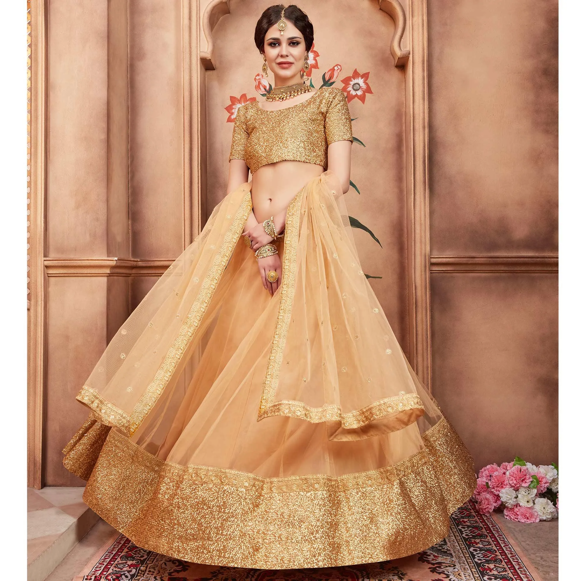 Beige Festive Wear Sequins Dori Work Soft Net Lehenga Choli