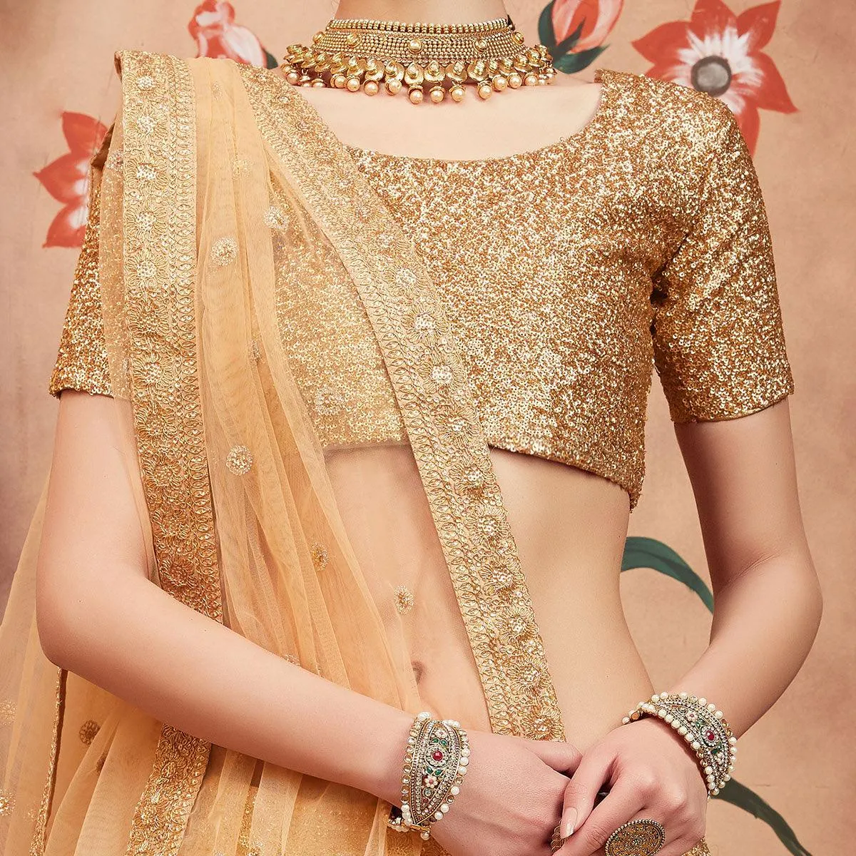 Beige Festive Wear Sequins Dori Work Soft Net Lehenga Choli