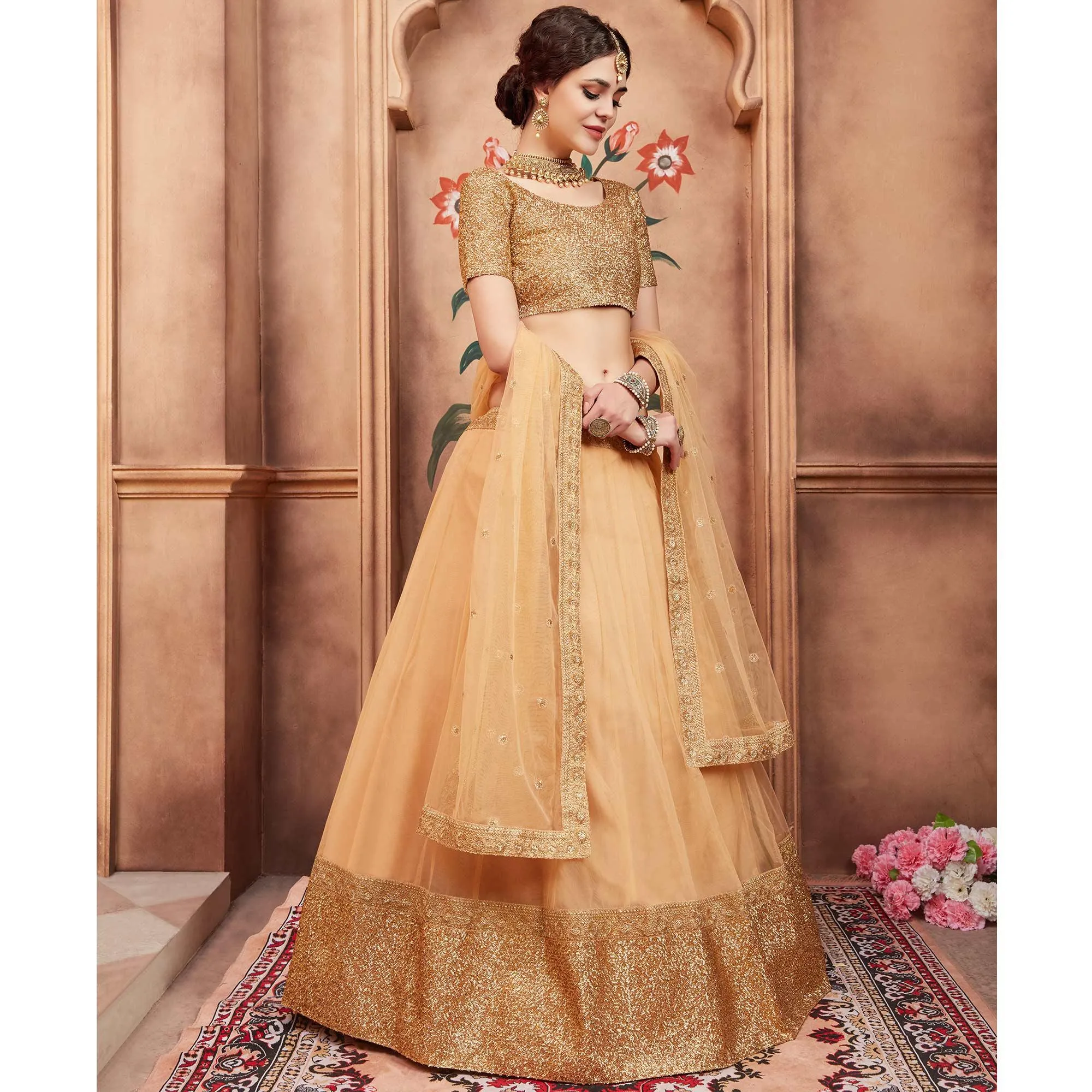 Beige Festive Wear Sequins Dori Work Soft Net Lehenga Choli