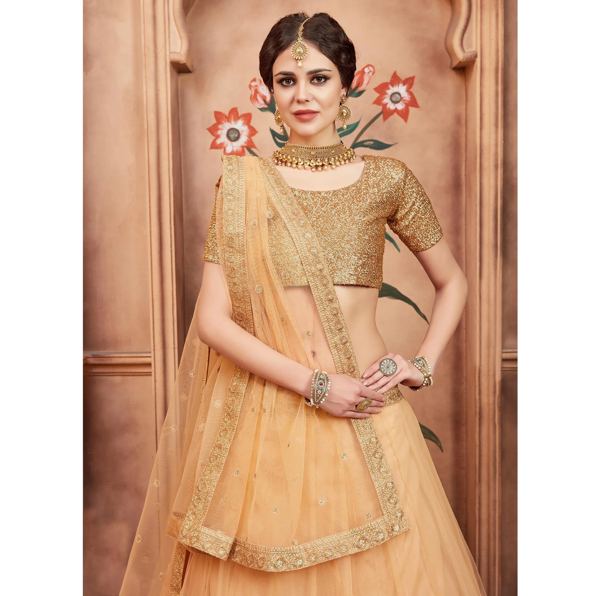 Beige Festive Wear Sequins Dori Work Soft Net Lehenga Choli