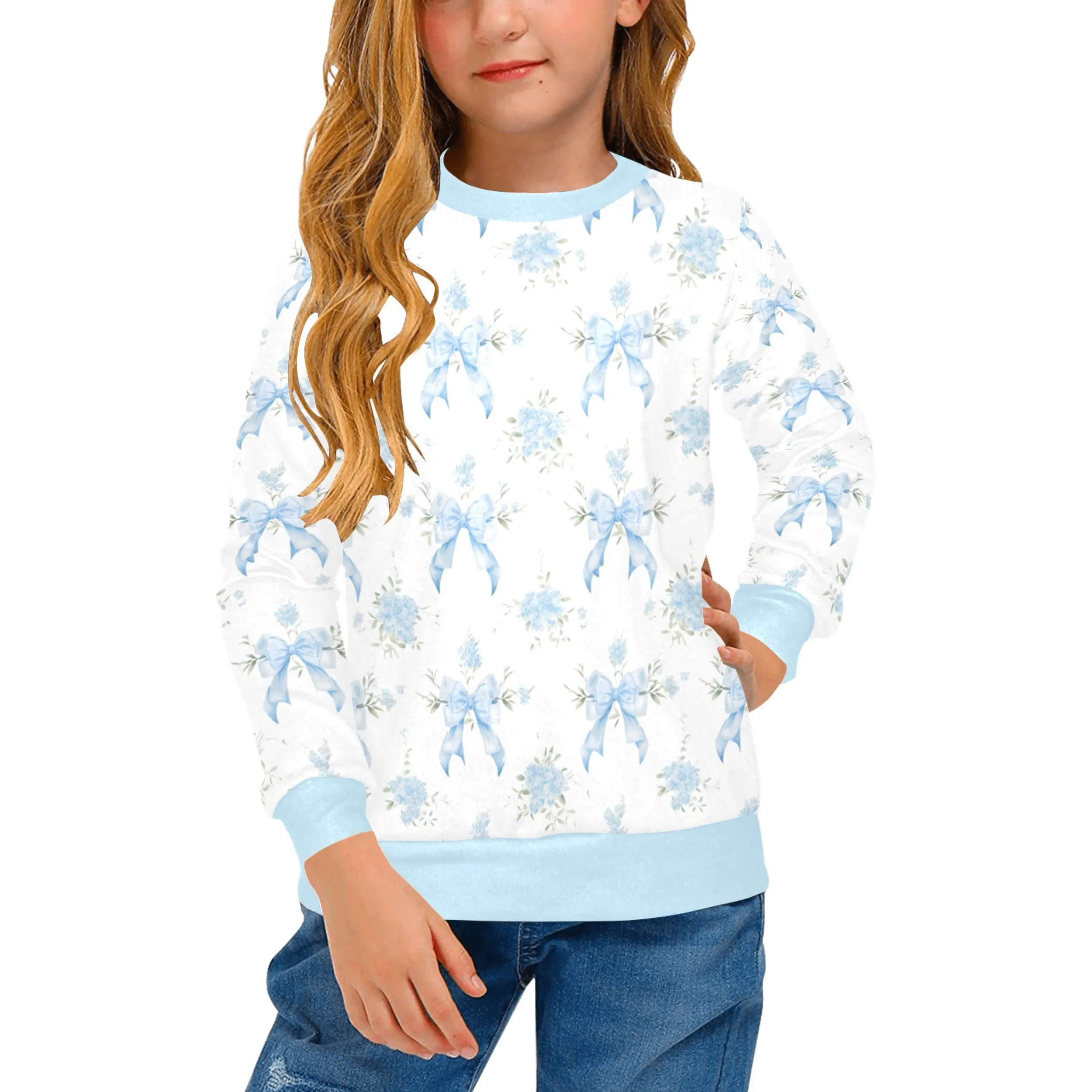 Bella Blue Crew Neck Sweatshirt | Soft Pink and Blue All Over Print | Cozy Fall & Winter Wardrobe Essential