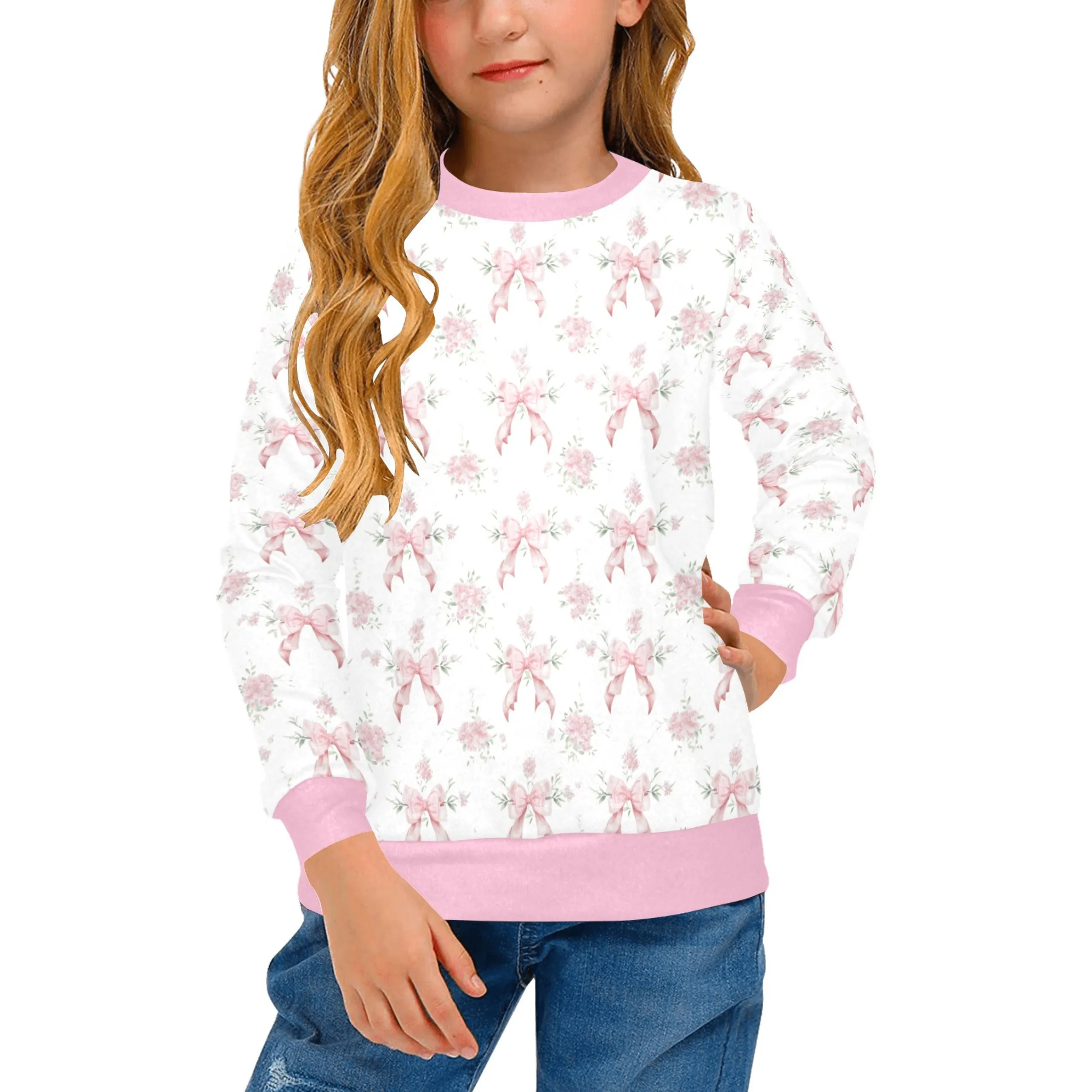 Bella Pink Crew Neck Sweatshirt | Soft Pink and Blue All Over Print | Cozy Fall & Winter Wardrobe Essential