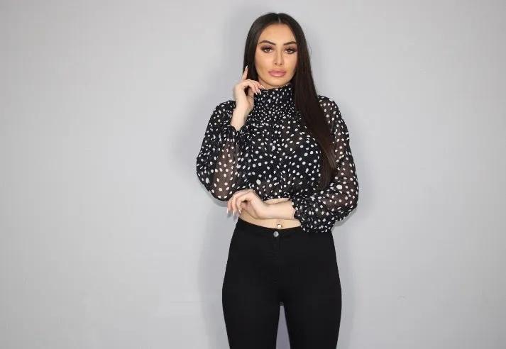 Black  Polka Dot High Neck Blouse Top