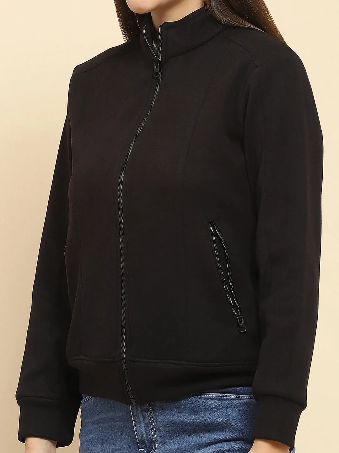 Black Poly Blend Solid Relaxed Fit Sweatshirt