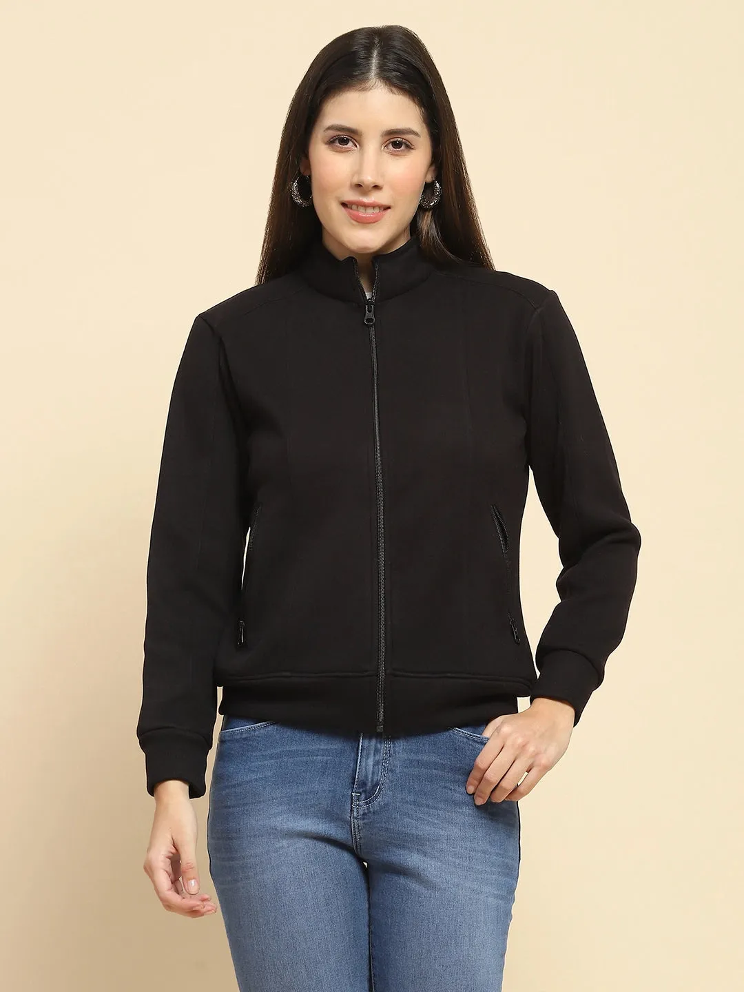 Black Poly Blend Solid Relaxed Fit Sweatshirt