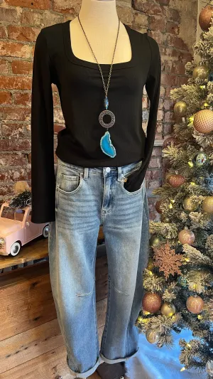 Black Scoop Neck Ribbed Top