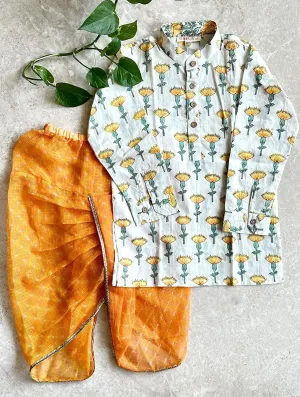 Block Print Kurta & Yellow Dhoti