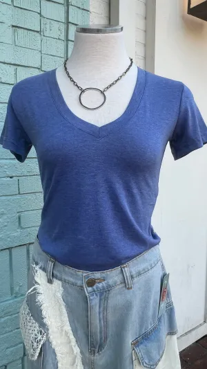 Blue Short Sleeve  V Neck Tee