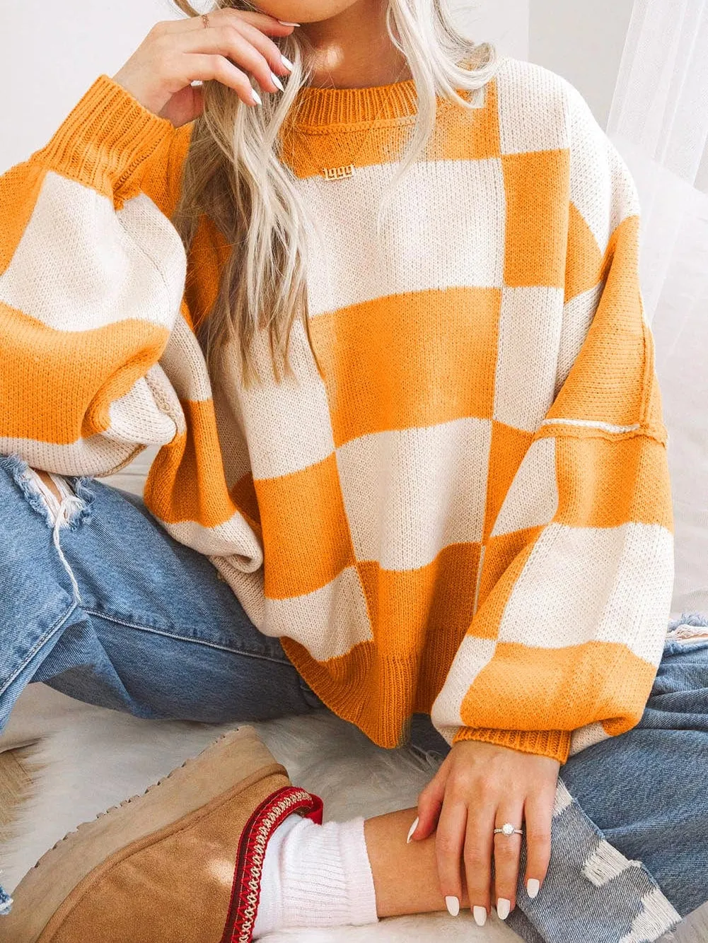 Boho Chic Checkered Knit Top
