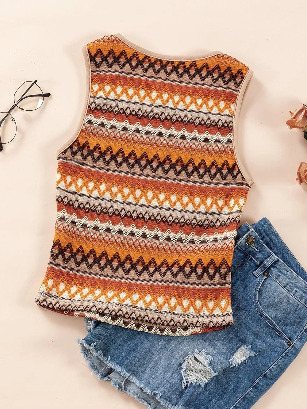 Boho Orange Geometric Jacquard Tank Top for Summer Adventures