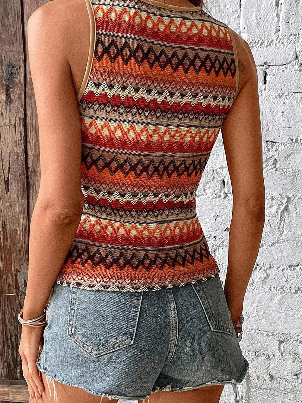 Boho Orange Geometric Jacquard Tank Top for Summer Adventures