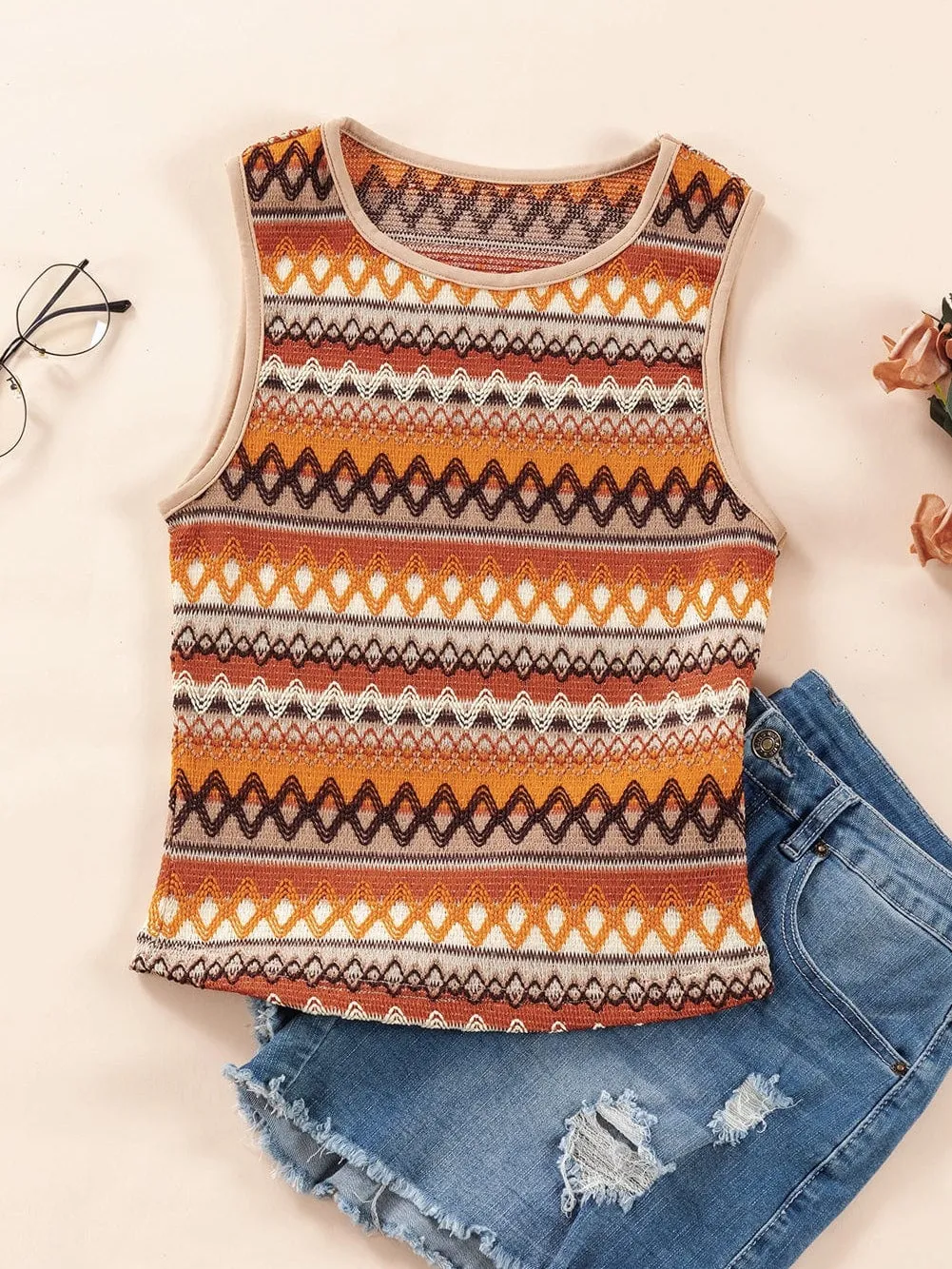 Boho Orange Geometric Jacquard Tank Top for Summer Adventures