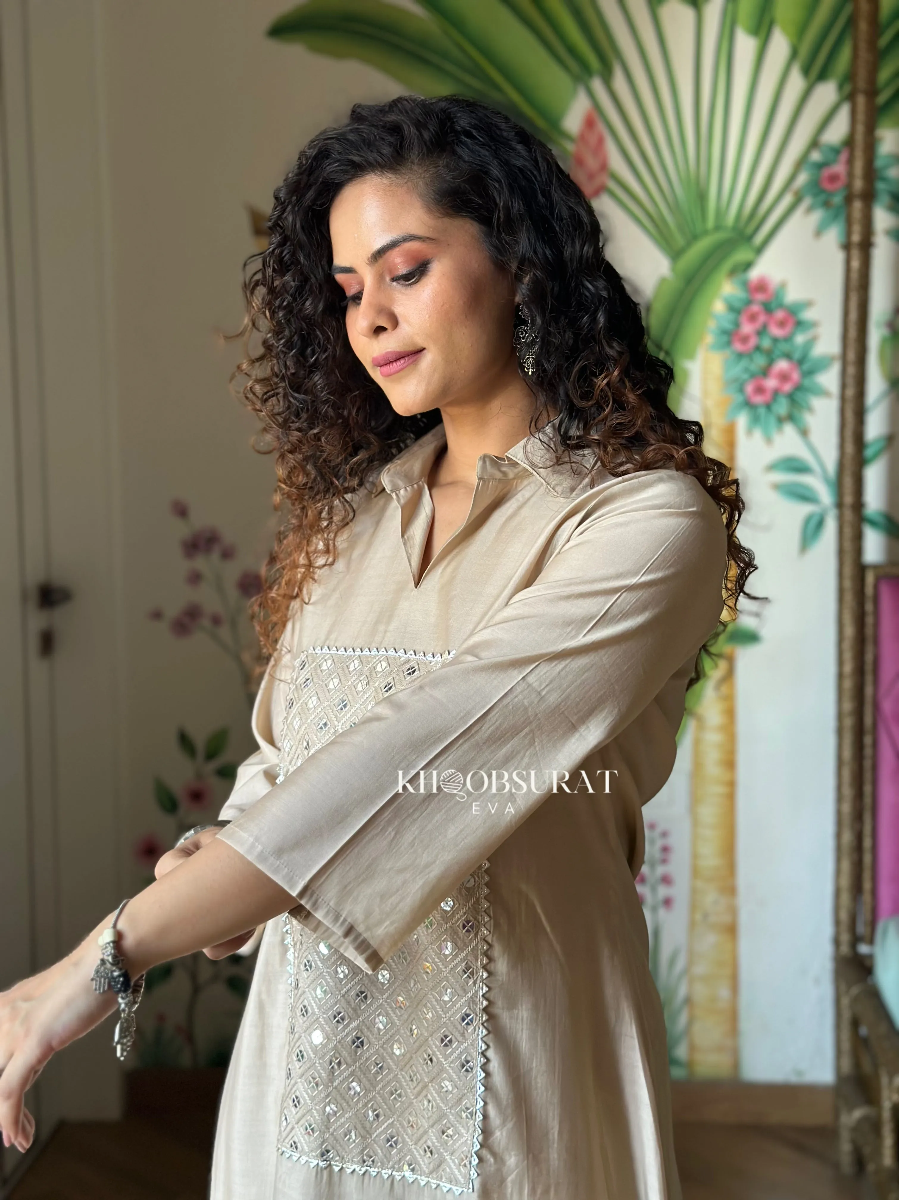 Bonjour Begum Beige Sequin Kurta Set