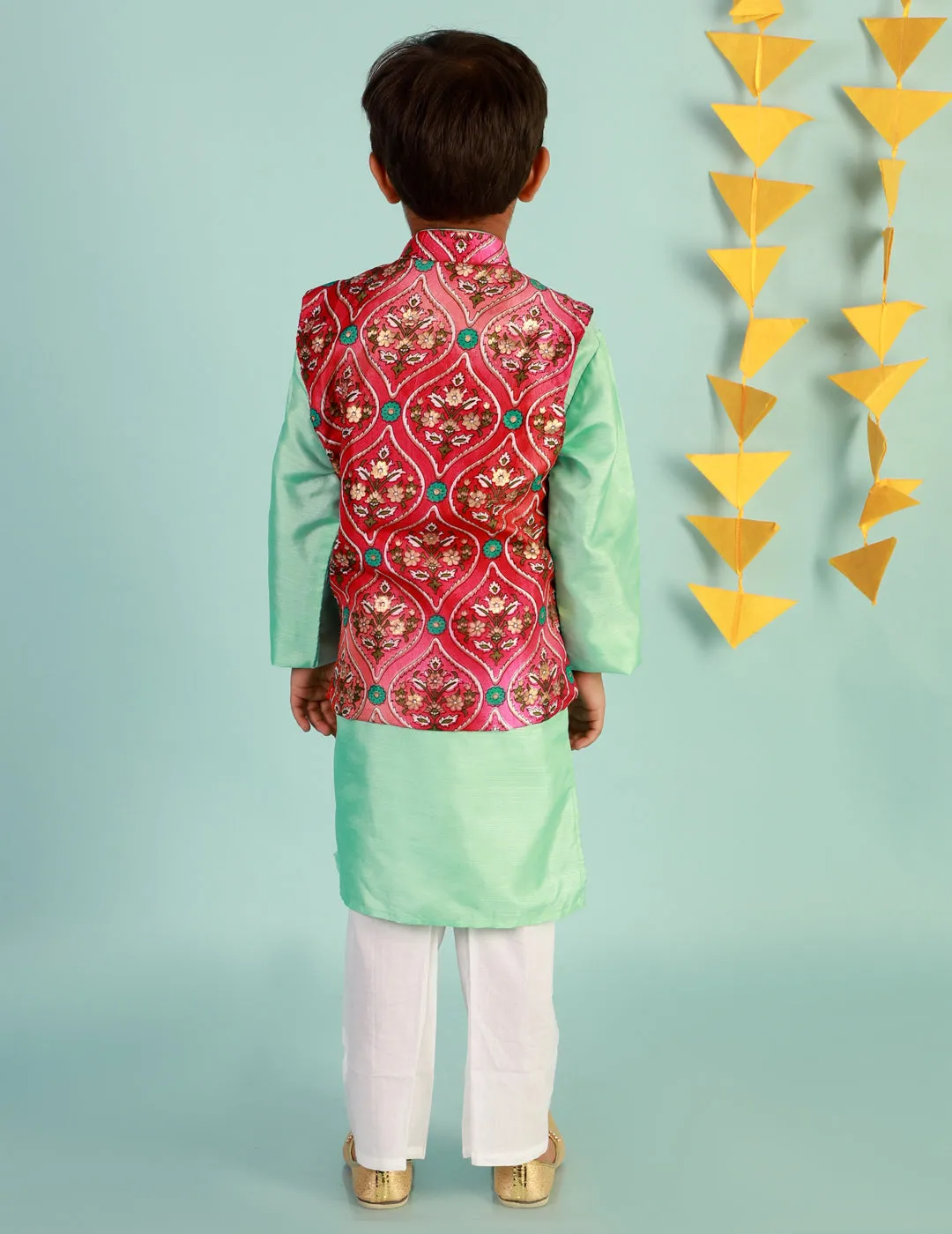Boy's Festive Kurta Pyjama With Digi Print Jacket - Pink/Green - Kid1 Boys