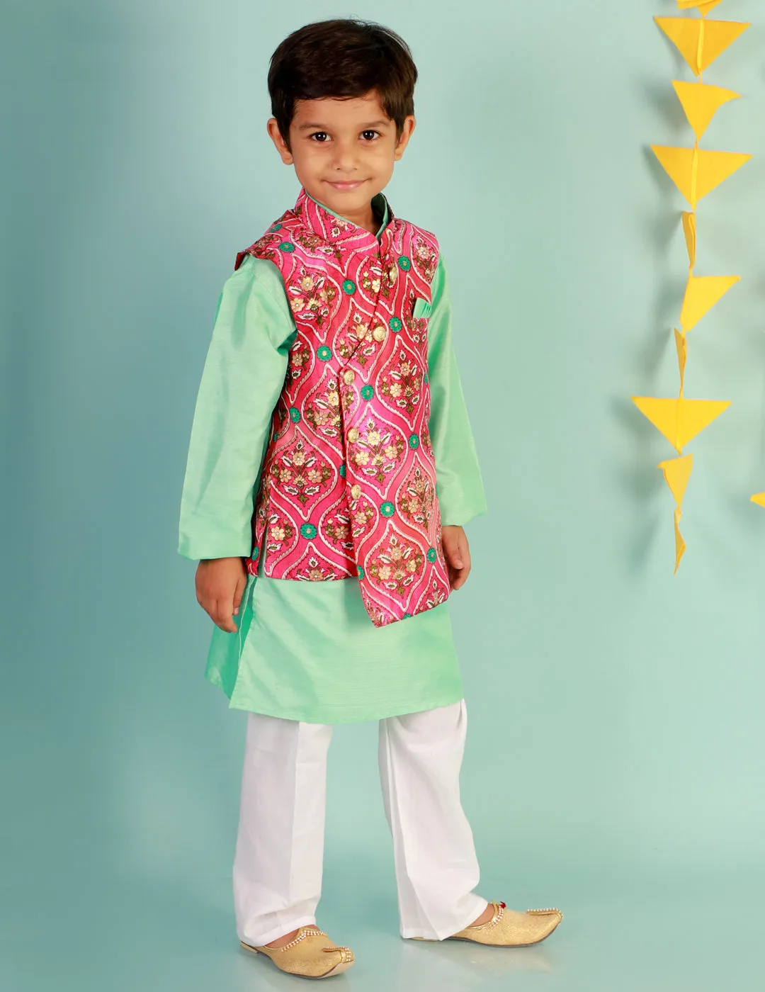 Boy's Festive Kurta Pyjama With Digi Print Jacket - Pink/Green - Kid1 Boys