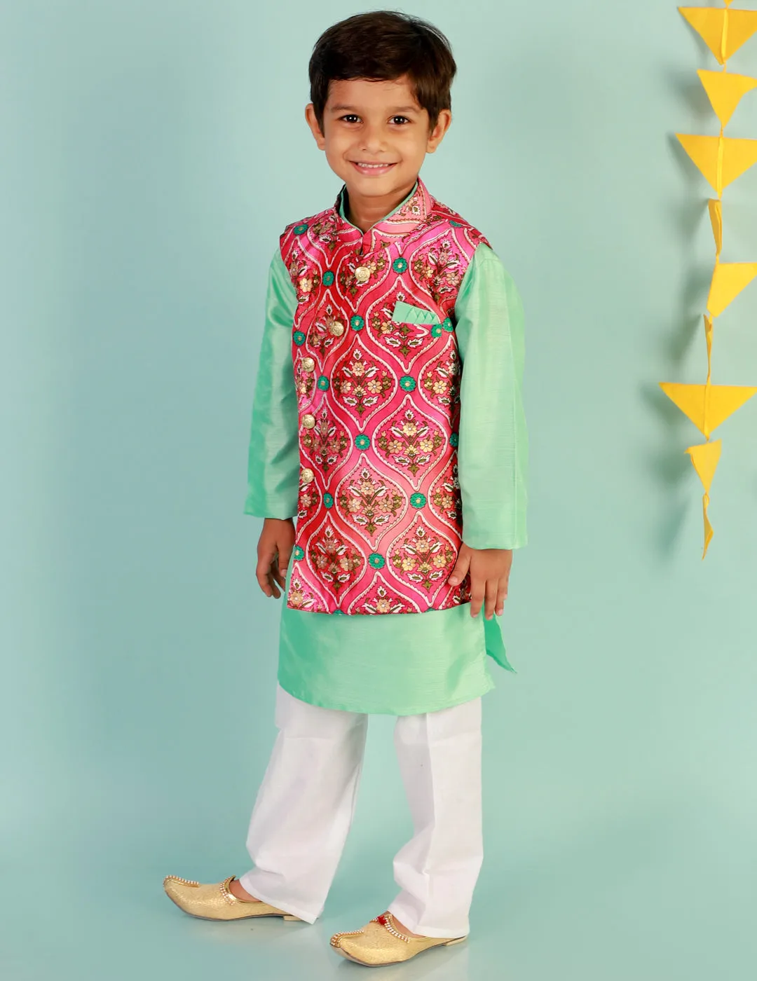 Boy's Festive Kurta Pyjama With Digi Print Jacket - Pink/Green - Kid1 Boys