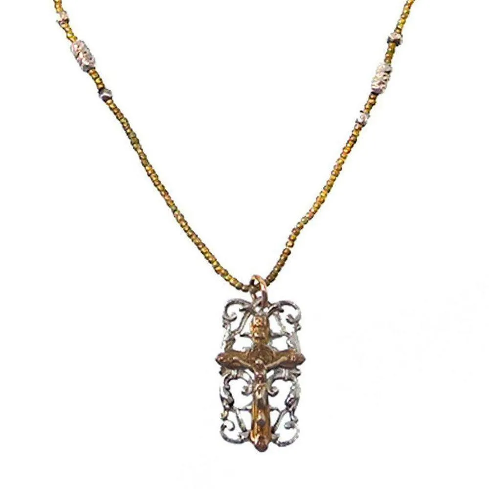 Bronze Cross Necklace with Vintage African Brass