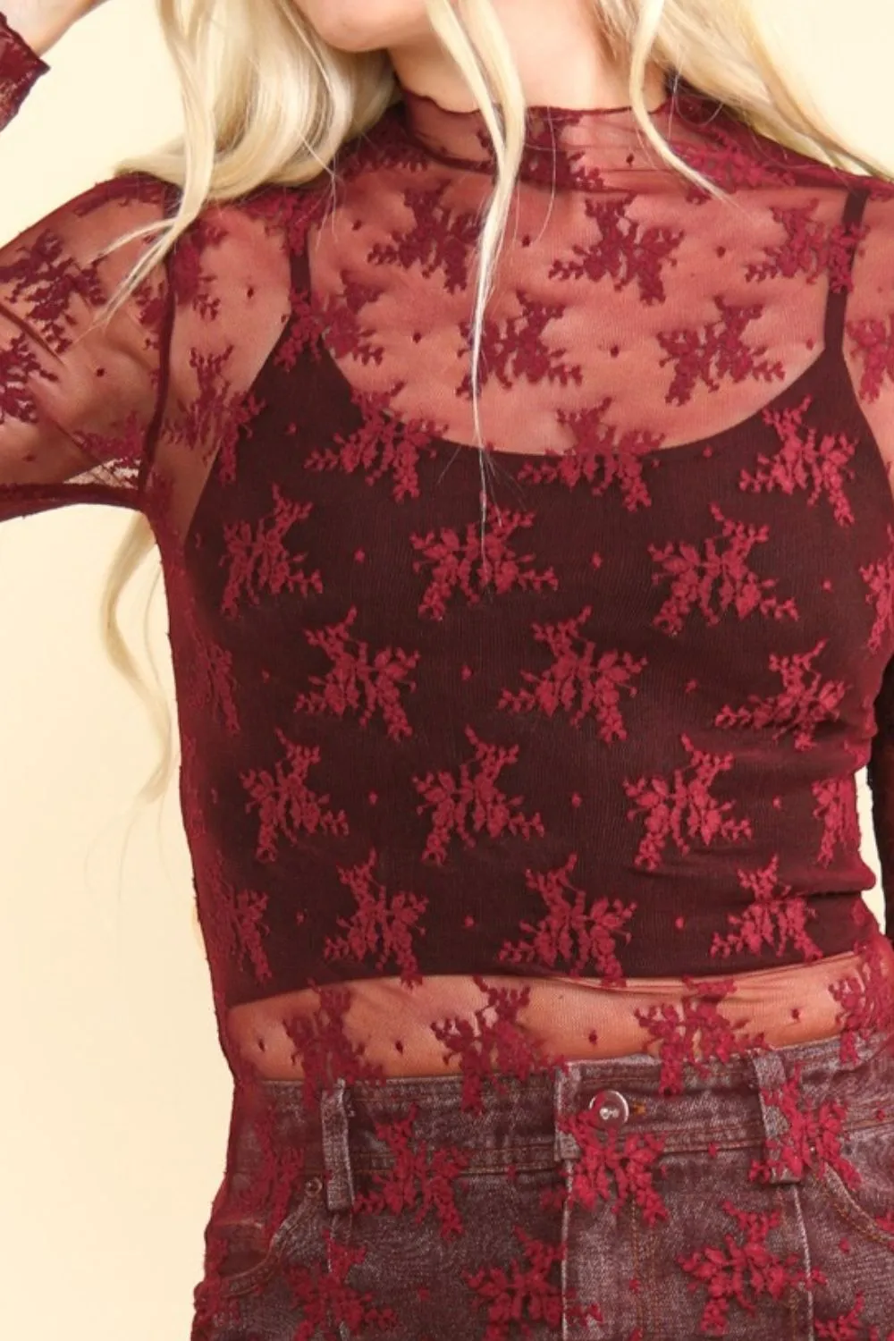 Burgundy Mesh Lace Layering Top