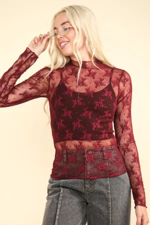 Burgundy Mesh Lace Layering Top