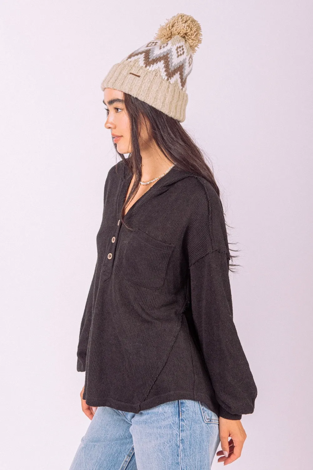 Button Down Hooded Oversized Knit Top in Black