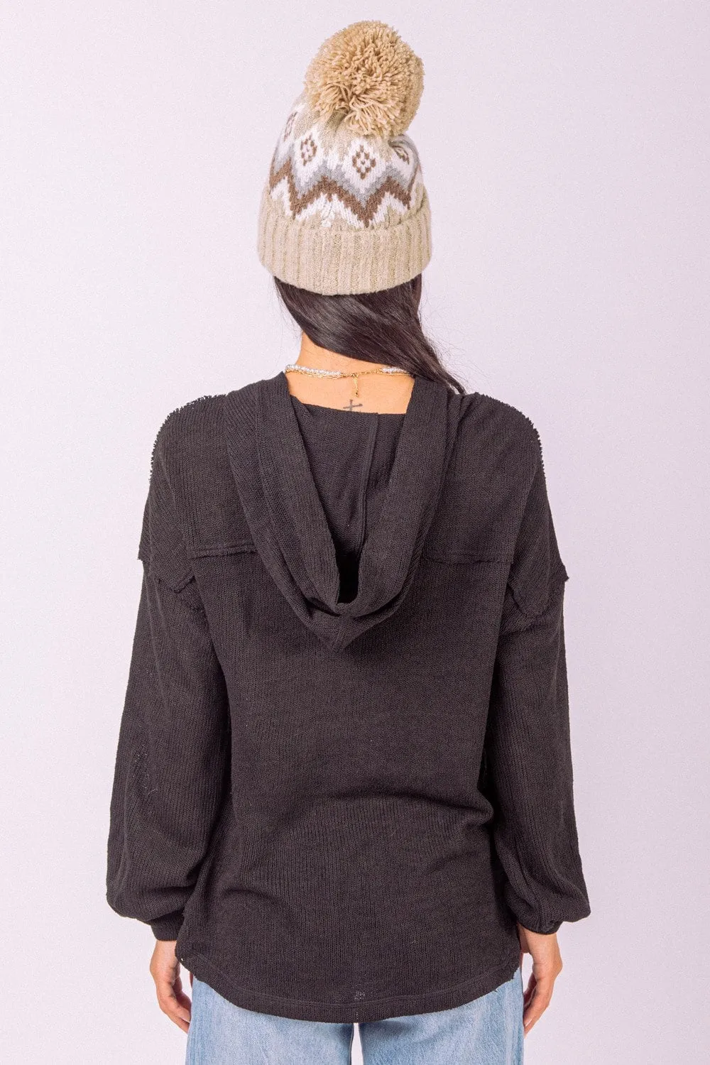 Button Down Hooded Oversized Knit Top in Black