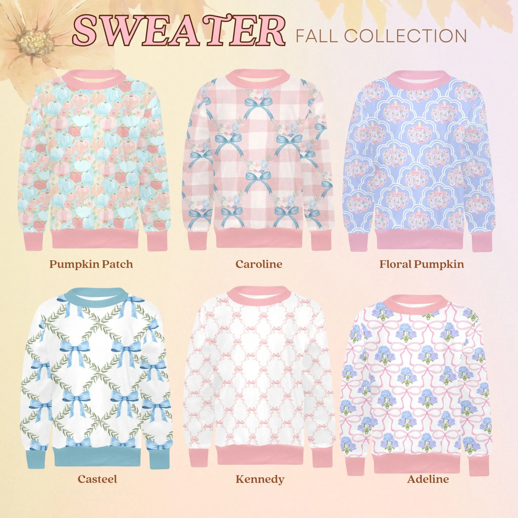 Caroline Crew Neck Sweatshirt | Soft Pink and Blue All Over Print | Cozy Fall & Winter Wardrobe Essential