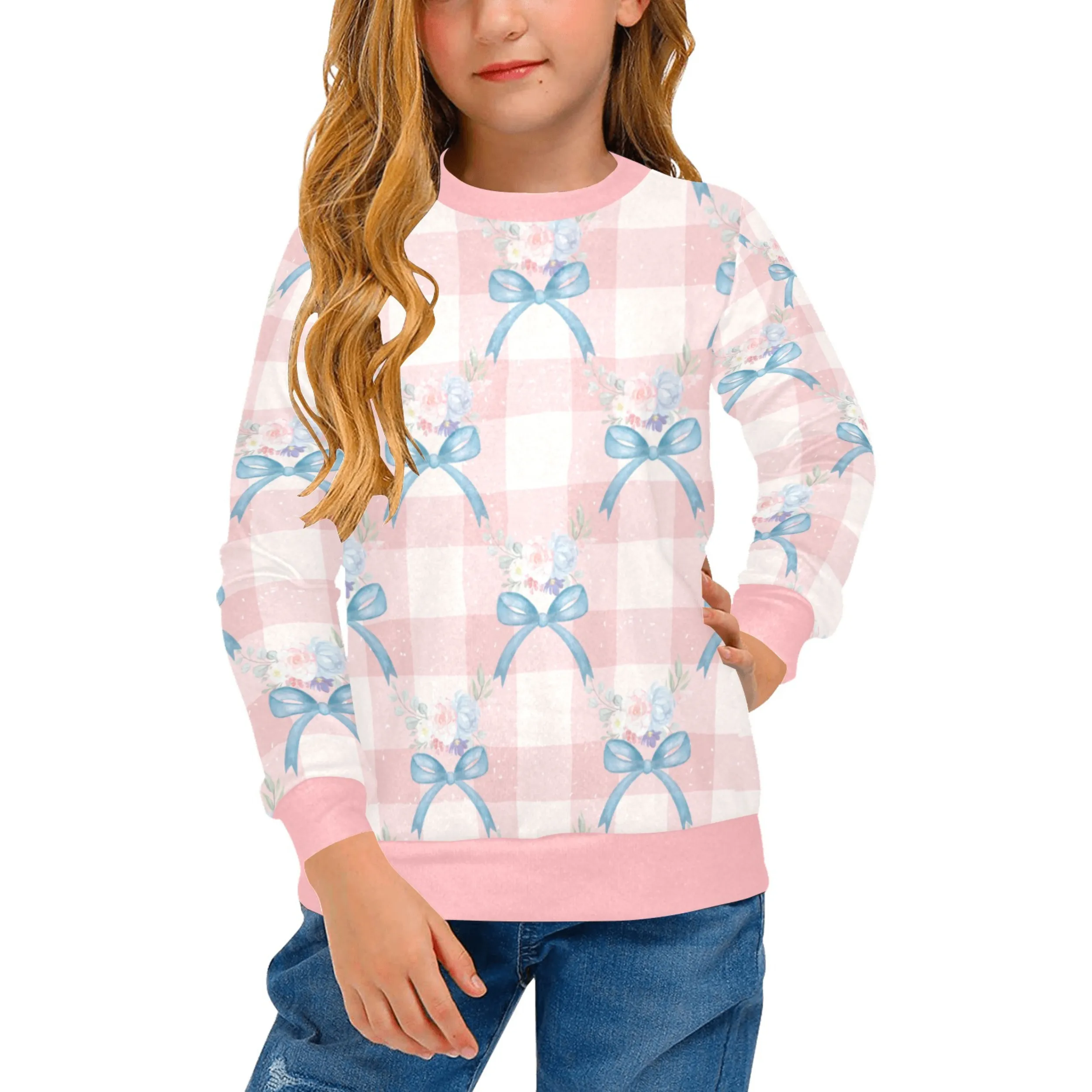 Caroline Crew Neck Sweatshirt | Soft Pink and Blue All Over Print | Cozy Fall & Winter Wardrobe Essential