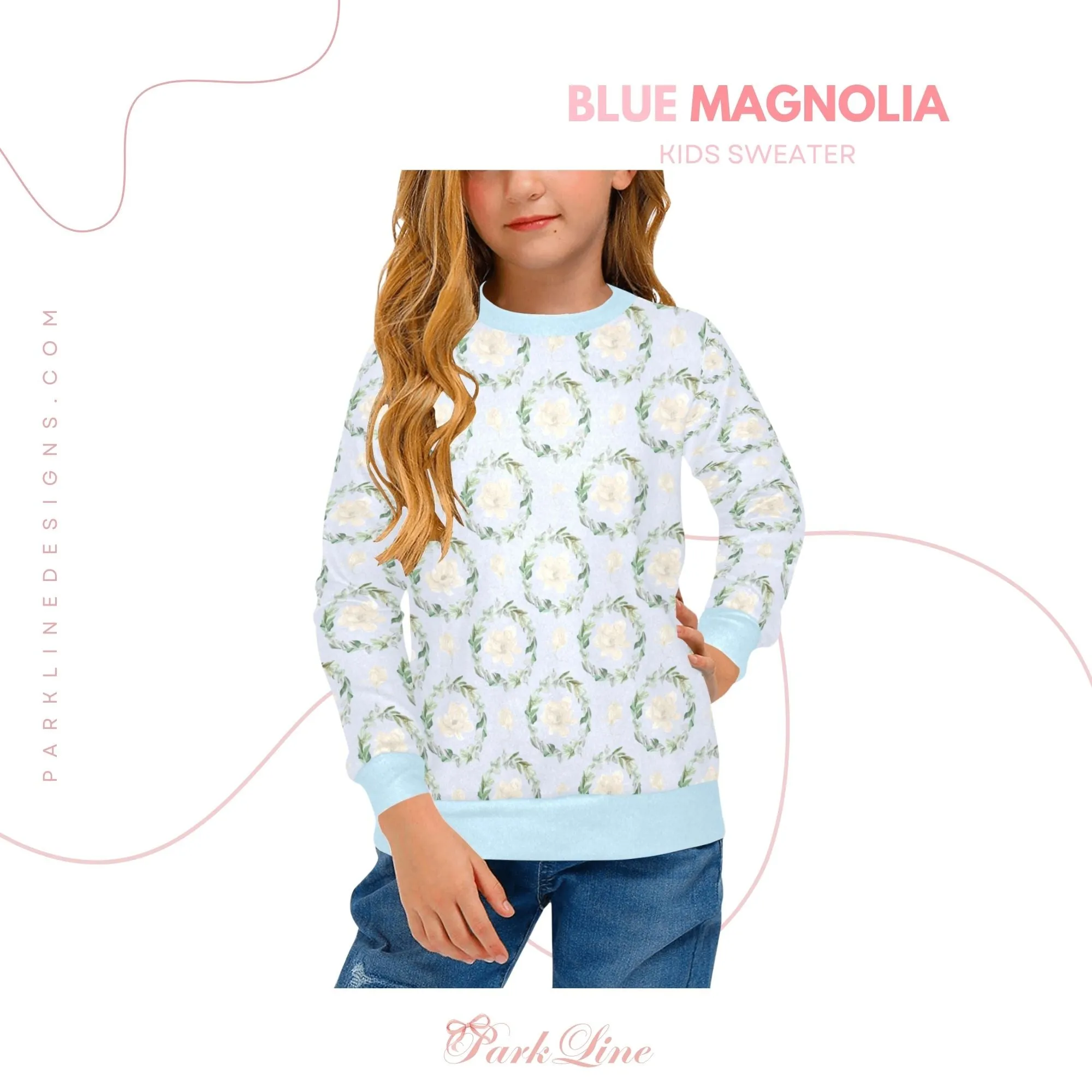 Caroline Crew Neck Sweatshirt | Soft Pink and Blue All Over Print | Cozy Fall & Winter Wardrobe Essential