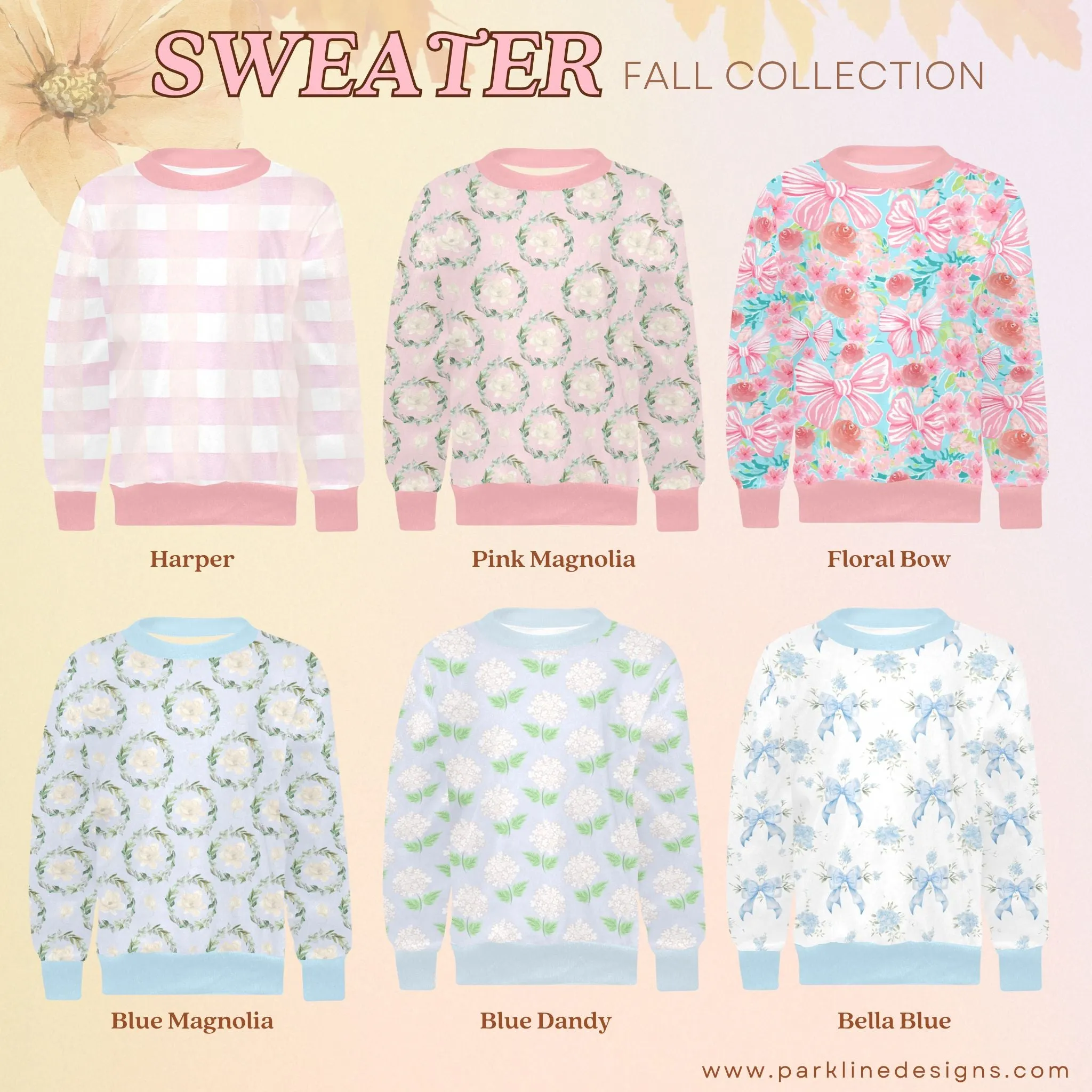 Caroline Crew Neck Sweatshirt | Soft Pink and Blue All Over Print | Cozy Fall & Winter Wardrobe Essential