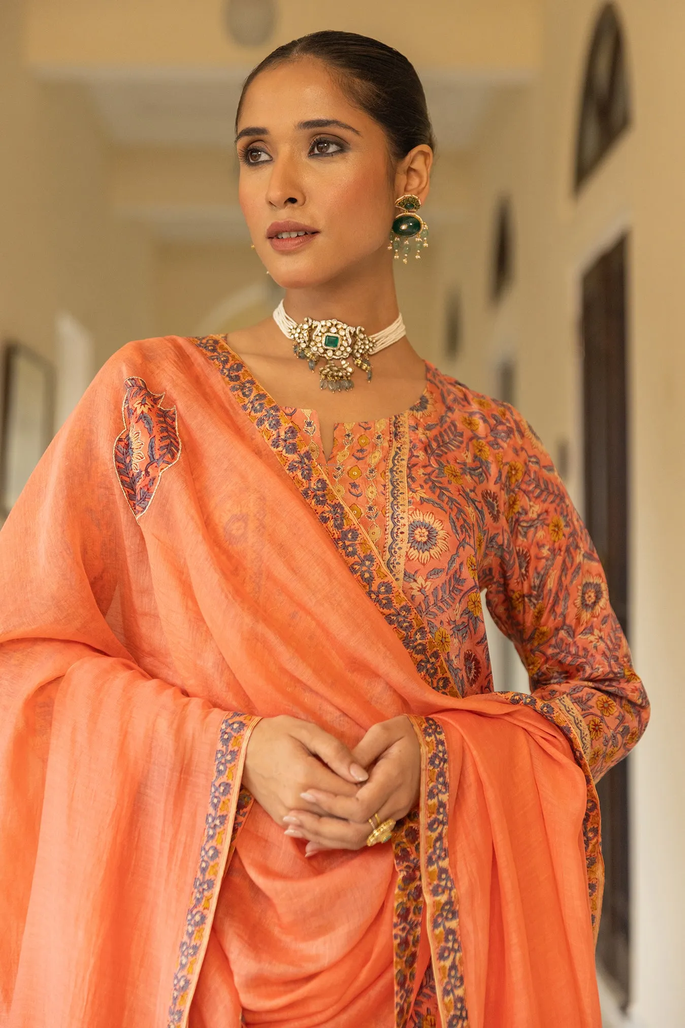 Chanderi Patchwork Dupatta in Peach