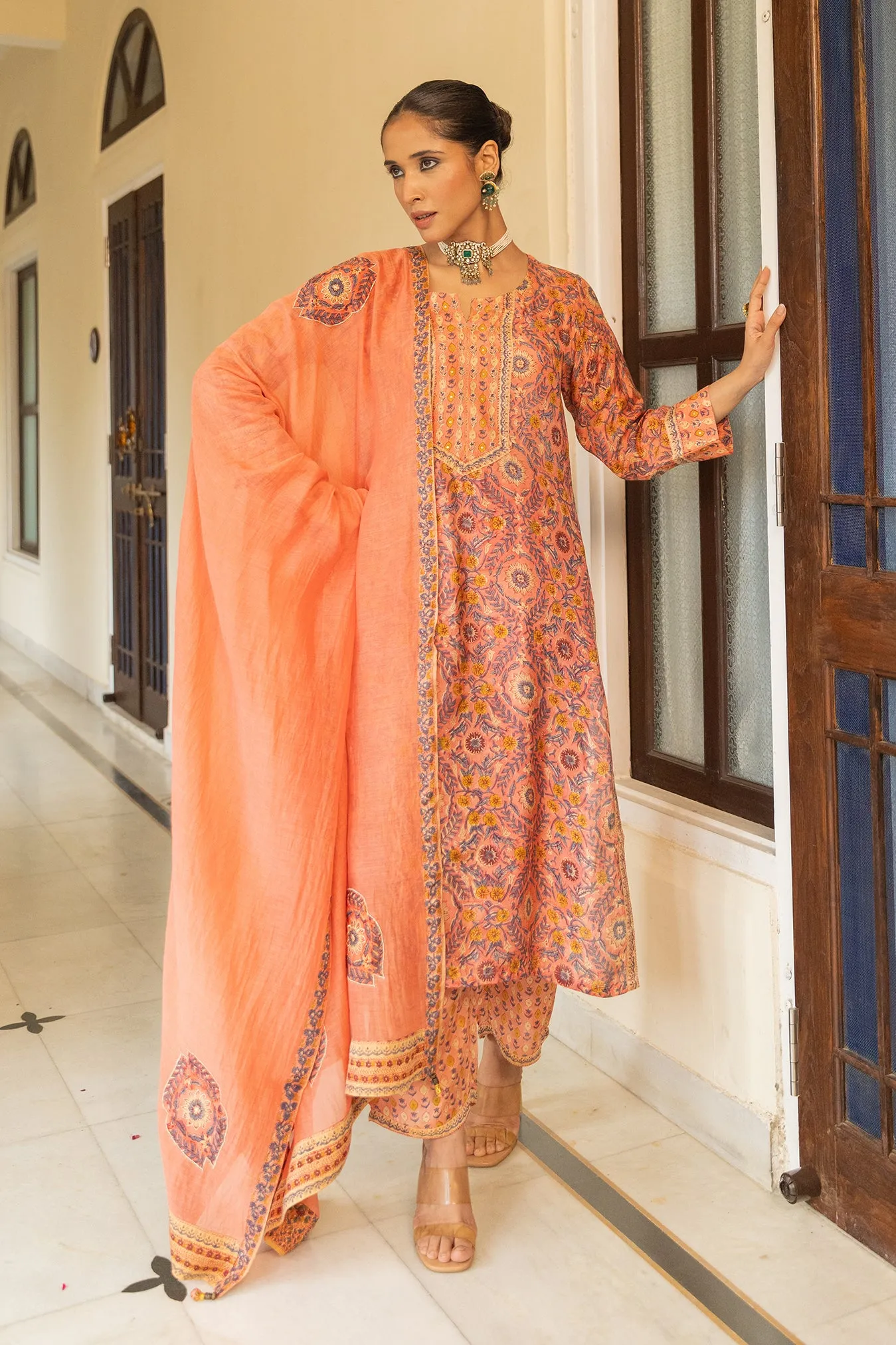 Chanderi Patchwork Dupatta in Peach