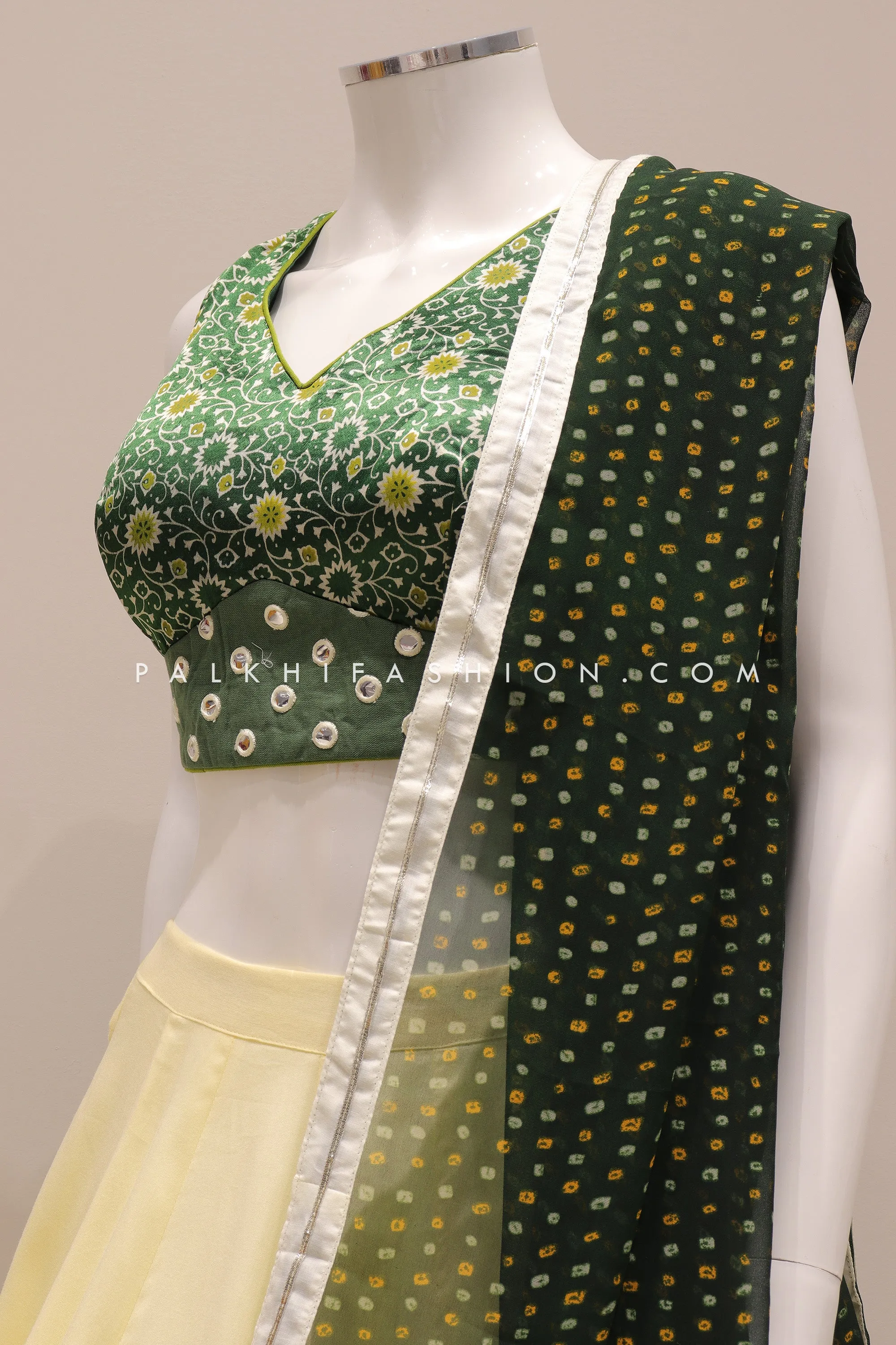 Chartreuse Cotton Delight: Hand-Block Printed Navratri Chaniya Choli