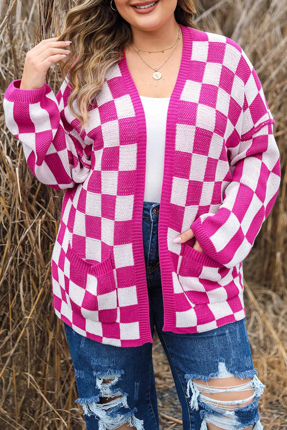 Checkered Pattern Plus Size Cardigan